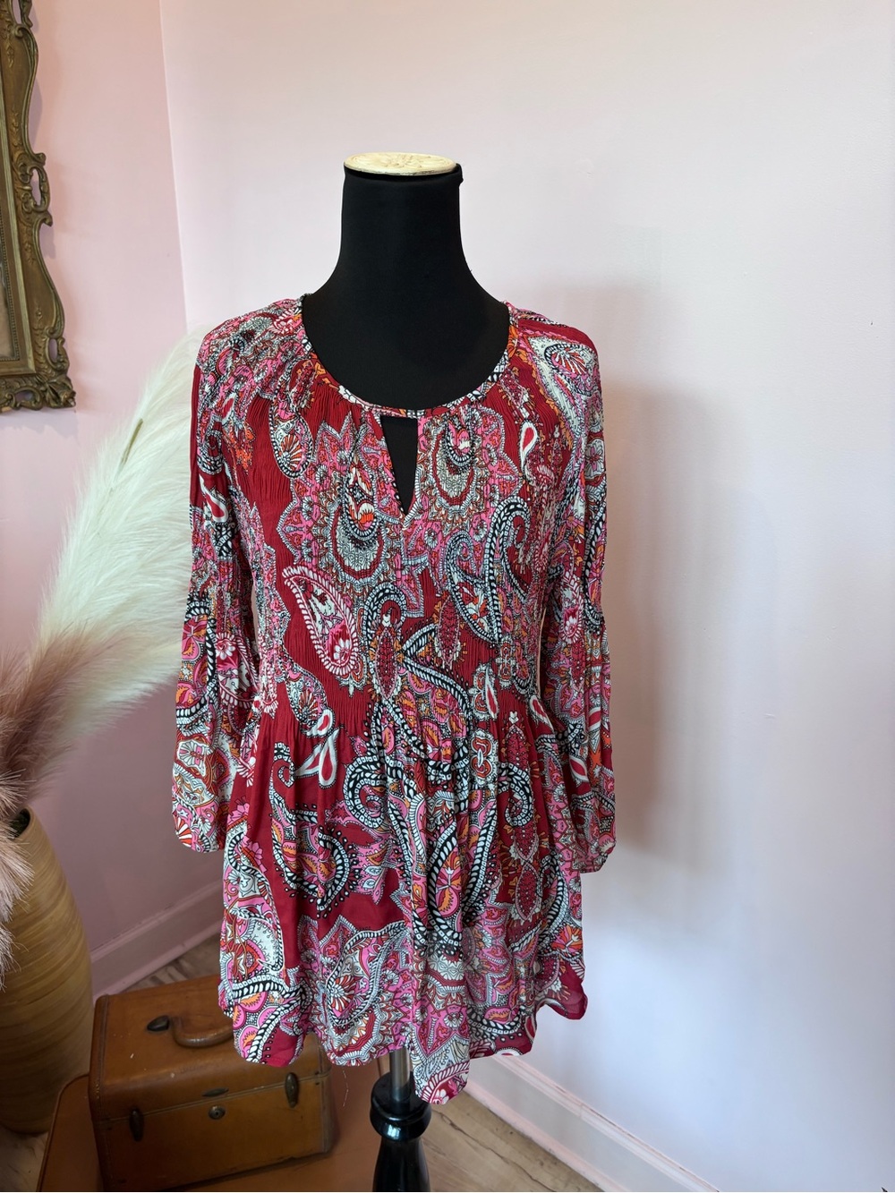 Boho Chic Pink and Red Paisley Peasant Blouse - Picture 2 of 6